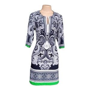 Sandra Darren Dress Size 6 Printed Sheath Elbow Sleeve Knee Length Navy & Green
